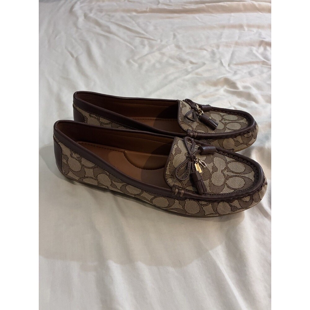 Coach Moira Signature Jacquard Loafers Khaki Saddle Tassel Flats FG4295 Sz 9.5